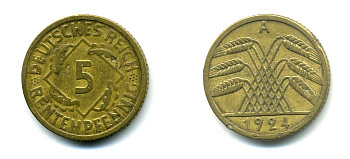 ГЕРМАНИЯ 5 РЕНТПФЕННИГОВ 1924 A J. 308, KM 32 алюминиевая бронза 46-2013