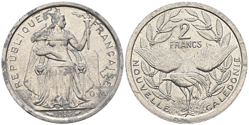 Французская Новая Каледония 2 франка 1983 птица кагу, (IEOM) KM 14, Schoen 11, Lec 63 алюминий    27-1013