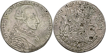 Ангальт-Цербст 1 талер 1767 Фридрих Август Ангальт-Цербстский (1747-1793), из коллекции М. Ольдинга (г. Оснабрюк), термическое воздействие, следы реставрации, чрезвычайно редкая, тираж был уничтожен, 28,42 гр Dav. 1913, Mann 361 a 10-020-48