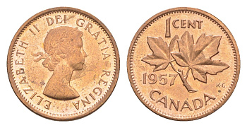 Канада 1 цент 1957 Елизавета II (1952-2022), кленовый лист KM 49 бронза UNC 4630-533