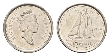 Канада 10 центов 1998 Елизавета II (1952-2022), парусник KM 183 никель 4689-569