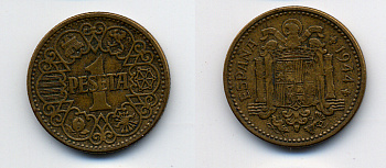 ИСПАНИЯ 1 ПЕСЕТА 1944 НАЦИОНАЛЬНОЕ ПРАВИТЕЛЬСТВО (1939-1947) KM 767 алюминиевая бронза 4384-1222