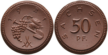 Саксония 50 пфеннигов 1921 виноград и лопата J. N 54 фарфор 1094-5-23