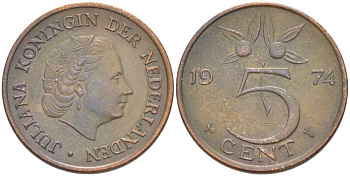 НИДЕРЛАНДЫ 5 ЦЕНТОВ 1974 ЮЛИАНА (1948-1980) KM 181 бронза 213-1125