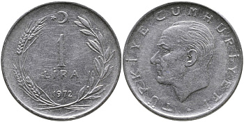 Турция 1 лира 1972 Мустафа Кемаль Ататюрк KM 889а.2 нержавеющая сталь 4364-4014