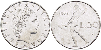 ИТАЛИЯ 50 ЛИР 1973 R, КУЗНЕЦ KM 95.1 нержавеющая сталь 87-1257