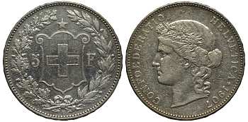 Швейцария 5 франков 1907 В KM 34 серебро 00-808-27
