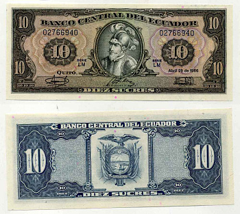 Эквадор 10 сукре 1986 Себастьян де Белалькасар, серия LM Pick 121 бумага UNC (пресс) 8589-10-1-2