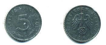 ГЕРМАНИЯ 5 РЕЙХСПФЕННИГОВ 1940 G, KM 100, J. 370 цинк 46-2533