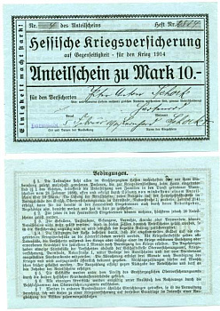 Германия, Дармштадт чек на 10 марок 1917 Гессенское антивоенное общество против бессмысленной войны 1914 года, в единстве сила, 5 Февраля 1917, чек номер 4   бумага   8613-31-2-1