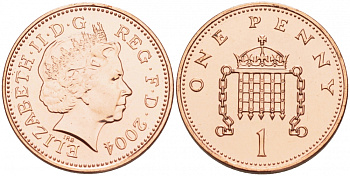Великобритания 1 пенни 2004 Елизавета II (1952-2022) KM 986, Spink 4710 (B5) сталь плакированная медью UNC 201-221