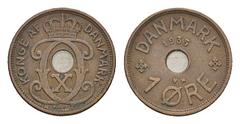 Дания 1 эре 1935 N, Кристиан X (1912-1947) KM 826 бронза 4639-712