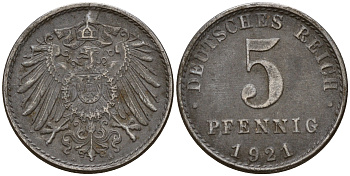 Германия 5 пфеннигов 1921 A J.297  KM 19 железо    4598-1156