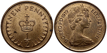 Великобритания 1/2 пенни 1979 Елизавета II (1952-2022) KM 914, Spink 4239 бронза 3458-221