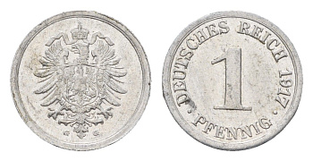 Германия 1 пфенниг 1917 G, Вильгельм II (1888-1918) KM 24, J. 300 алюминий 4630-852