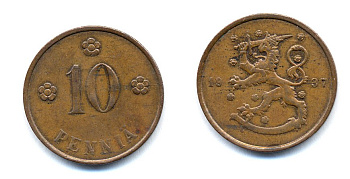 Финляндия 10 пенни 1937 KM 24 медь 51-5617