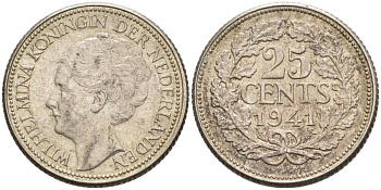 Нидерланды 25 центов 1941 Вильгельмина (1890-1948) KM 164 серебро 4576-753