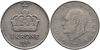 Норвегия 1 крона 1981 Улаф V (1958-1991) KM 419 медно-никель 51-2753