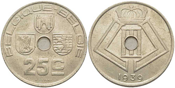 БЕЛЬГИЯ 25 САНТИМОВ 1939 BELGIQUE-BELGIE, ЛЕОПОЛЬД III (1934-1950) KM 114.1 никель латунь 119-356