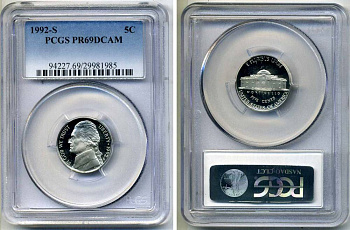 США 5 центов 1992 S, президент Джеферсон, в слабе PCGS PR69CAM KM А192 медно-никель PROOF 15-003-13