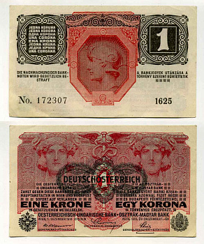 АВСТРИЯ 1 КРОНА 1919 ЧЕРНАЯ ГОРИЗОНТАЛЬНАЯ НАДПЕЧАТКА НА 1916 Pick 49 бумага aUNC 8589-17-2-2