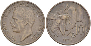ИТАЛИЯ 10 ЧЕНТЕЗИМО 1926 R, МОНДВОР РИМ, ВИКТОР ЭММАНУИЛ III (1900-1946) KM 60 медь 4525-256