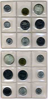 Сан-Марино набор из 9 монет 1977 1, 2, 5, 10, 20, 50, 100, 100 и 500 лир стилизованная перевернутая вверх ногами птица над звездами в круге KM 63-71, в оригинальной пластиковой запайке KM MS10 серебро UNC  7-6-1-16