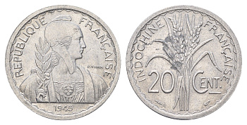 Французский Индокитай 20 сантимов 1945 литера B KM 29.2 алюминий 4675-1026