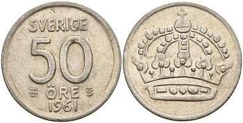 Швеция 50 эре 1961 TS, Густав VI Адольф (1950-1973) KM 825 серебро 4148-947