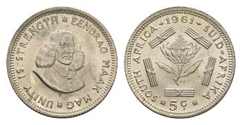 ЮАР 5 центов 1961 KM 59 серебро UNC 4596-348