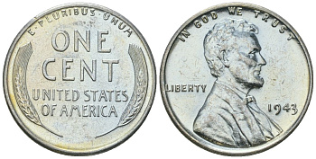 США 1 цент 1943 Авраам Линкольн KM 132 a сталь покрытая цинком aUNC 112-1125