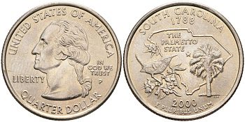 США 25 центов = квотер 2000 P, серия штаты США, Южная Каролина KM 307 медь плакированная медно-никелем 4586-132