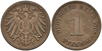 Германия 1 пфенниг 1908 A KM 10, J. 10 медь 4567-1259