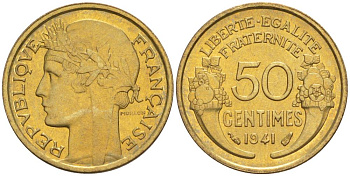 Франция 50 сантимов 1941 тип Морлон KM 894.1, Le Franc 192.18 алюминиевая бронза 44-359