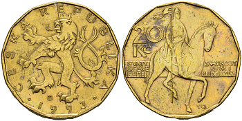 Чехия 20 крон 1993 чешский лев, герцог Вацлав на коне KM 5 сталь плакированная латунью    4143-317