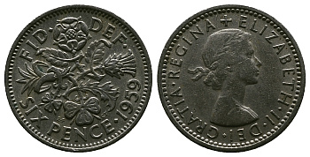 Великобритания 6 пенсов 1959 Елизавета II (1952-2022) KM 903, Spink 4149 медно-никель 4381-718