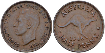 АВСТРАЛИЯ 1/2 ПЕННИ 1946 ГЕОРГ VI, КЕНГУРУ KM 41 бронза 67-1231