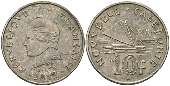 Французская Новая Каледония 10 франков 2012 рыбачья парусная лодка, (IEOM) KM 11a, Schoen 13a, Lec 99k медно-никель 65-332