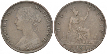 Великобритания 1/2 пенни 1861 Виктория (1837-1901) KM 748.2, Spink 3956 бронза 1515-2215
