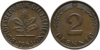 ФРГ 2 пфеннига 1964 G KM 106, J.381 бронза 99-135