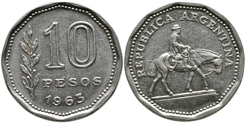 Аргентина 10 песо 1963 Гаучо KM 60 никелированная сталь 4525-942