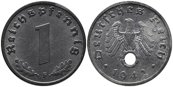 ГЕРМАНИЯ 1 РЕЙХСПФЕННИГ 1942 F KM 97, J.369 цинк 96-738