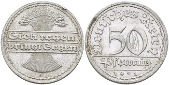 ГЕРМАНИЯ 50 ПФЕННИГОВ 1921 A KM 27, J. 301, Weege 10 алюминий 261-352