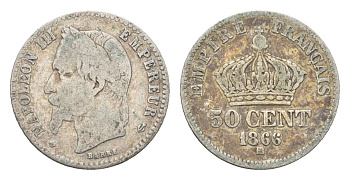 Франция 50 сантимов 1866 BB, Наполеон III KM 814 серебро 54-465