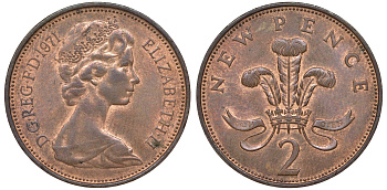 Великобритания 2 пенса 1971 Елизавета II (1952-2022) KM 916, Spink 4235 (C1) бронза 51-2436