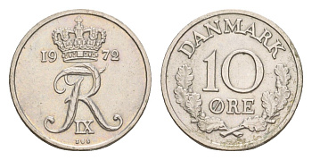 Дания 10 эре 1972 С. S, Фредерик IX (1947-1972) KM 849 медно-никель UNC 4651-826