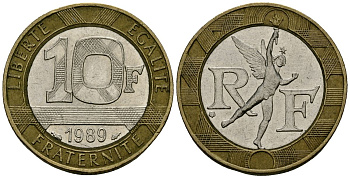 Франция 10 франков 1989 тип гений Бастилии KM 964.1, Le Franc 375.3 биметалл 4135-537