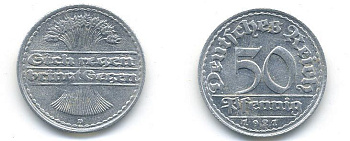 ГЕРМАНИЯ 50 ПФЕННИГОВ 1921 D KM 27, J. 301 алюминий 58-431