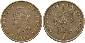 Французская Новая Каледония 100 франков 2005 хижина среди сосен и пальм, (IEOM) KM 15, Schoen 16, Lec 139i никель бронза 111-441