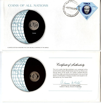 Тонга 5 сенити 1977 конверт с маркой первого дня гашения, Coins of Nations KM 44 медно-никель UNC 4295-18-3